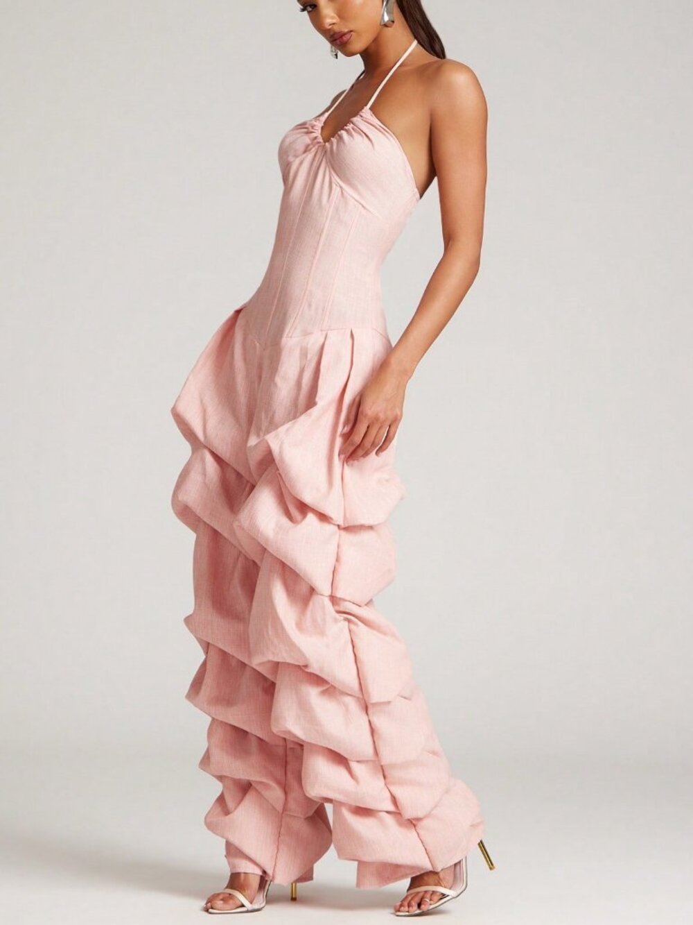 Pink Casual Women's Gathered Leg Corset Detail Halter Neckline Jumpsuit - Picture 6 of 7